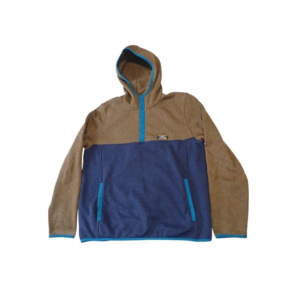 L.L. Bean Colorblock Hoodie Mens L Reg Brown Blue Snap Half-Zip Cozy  Kangaroo